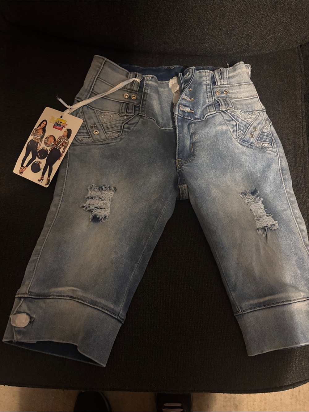 Distressed Light Blue Cropped Women's Jeans with Stud Details